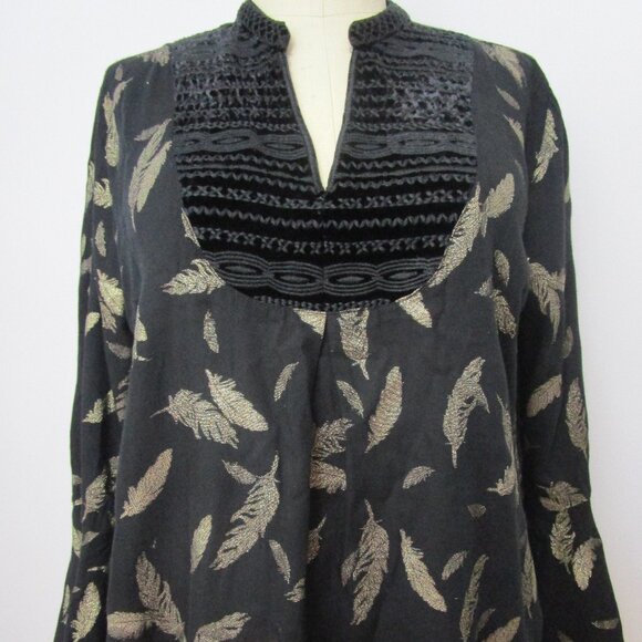 Golden Feather Top Blouse Black Rayon Georgette Bohemian - Picture 1 of 10
